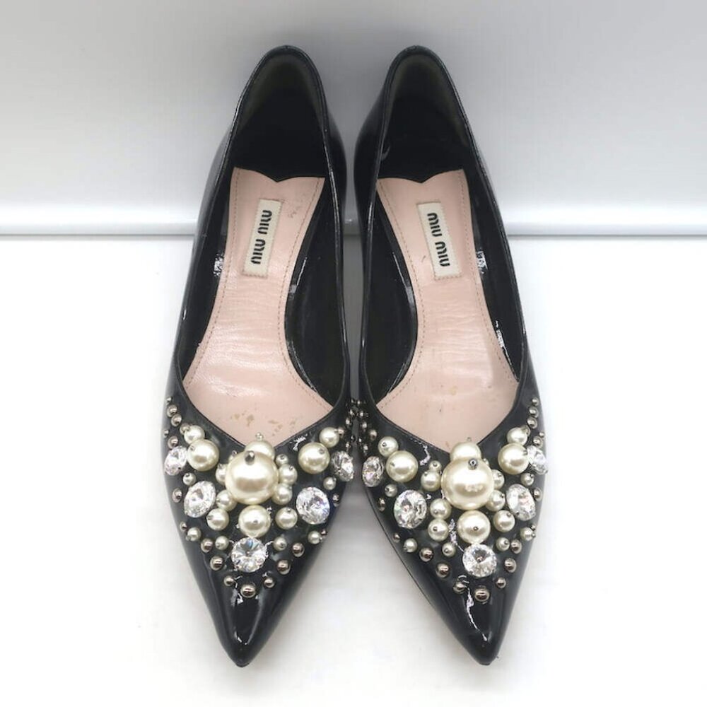 Miu Miu Pearl & Crystal-Embellished Low-Heel Pumps Black Patent Leather Size 38 - Picture 3 of 13